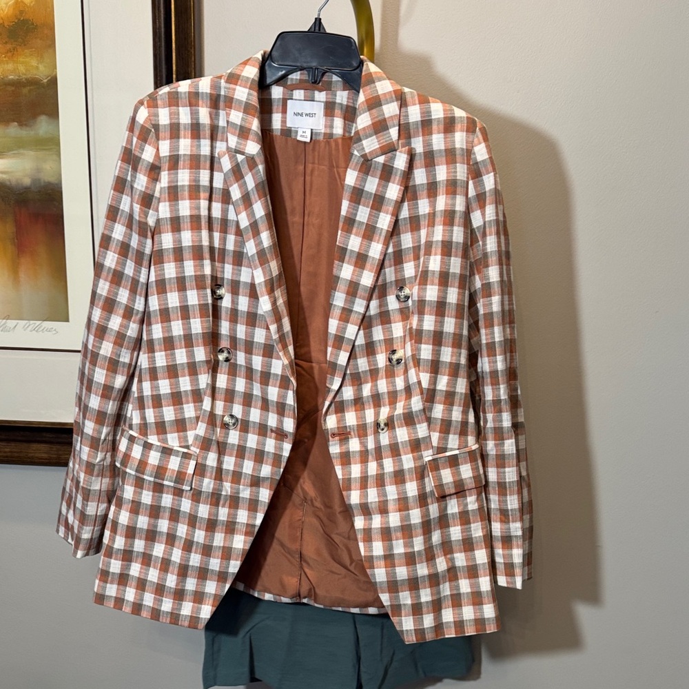 Nine West Plaid Blazer in Orange and Cream with Teal shorts set M - Picture 4 of 16